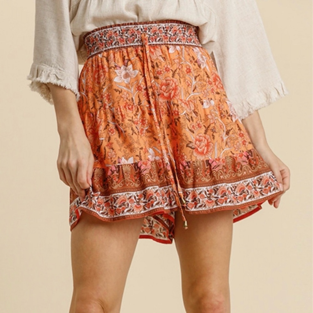 Umgee Orange Floral Border Print Shorts